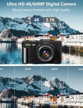 Digital Camera for Photography, 4K Vlogging Camera for YouTube 3″ 180° Flip Screen 18X Digital Zoom Compact Retro Cameras with 32GB TF Card & 2 Batteries, Black